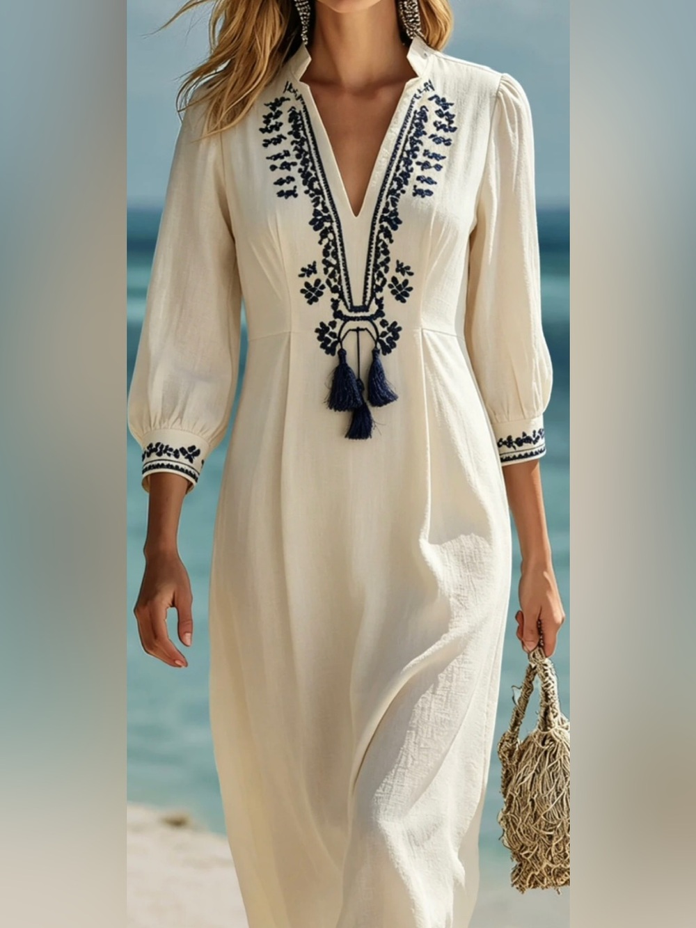 Embroidered Linen/Cotton Blend Midi Dress with Navy Embroidery & Tassel Details